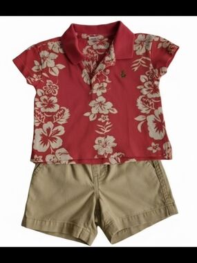 Baby Gap Hibiscus Floral Polo Shirt & Khaki Shorts Set